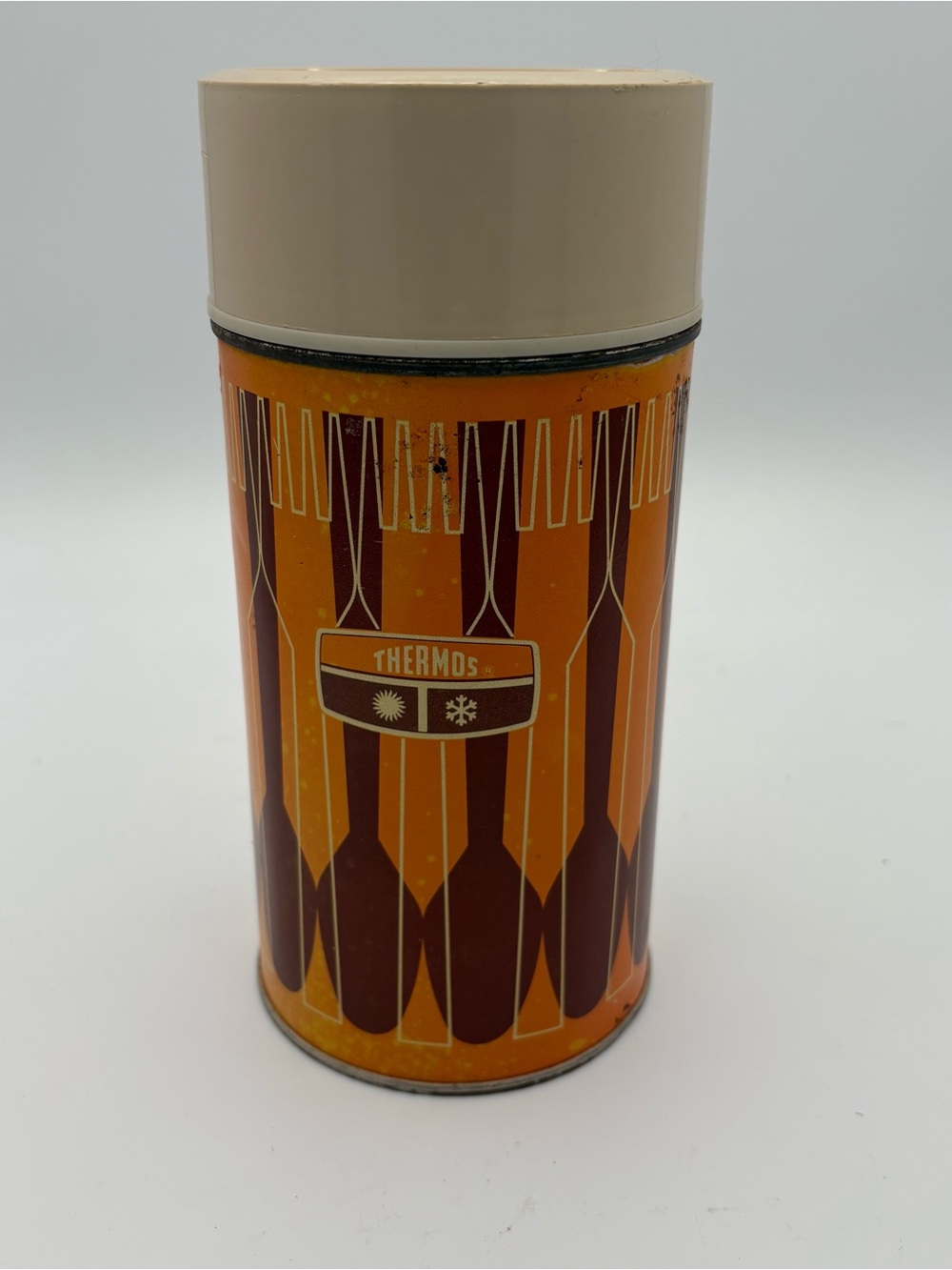 Vtg MCM 1971 Thermos King Seeley Metal Pint Size Orange Brown Spoons White Forks
